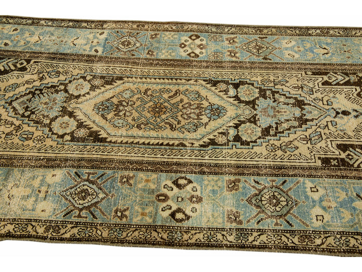 Antique Malayer Handmade Allover Designed Beige And Blue Wool Rug