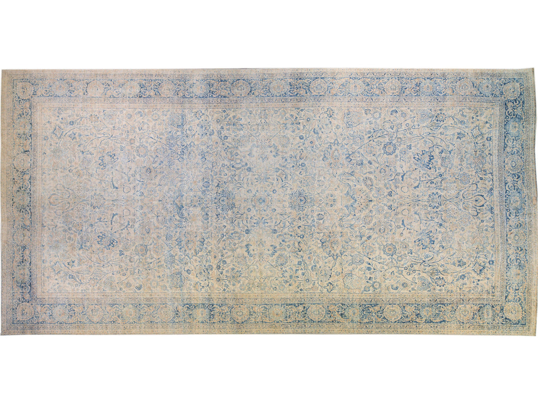 Long Antique Kerman Handmade Botanical Oversize Beige and Blue Wool Rug