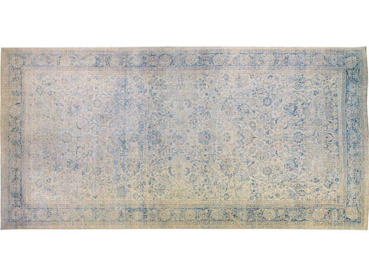 Long Antique Kerman Handmade Botanical Oversize Beige and Blue Wool Rug