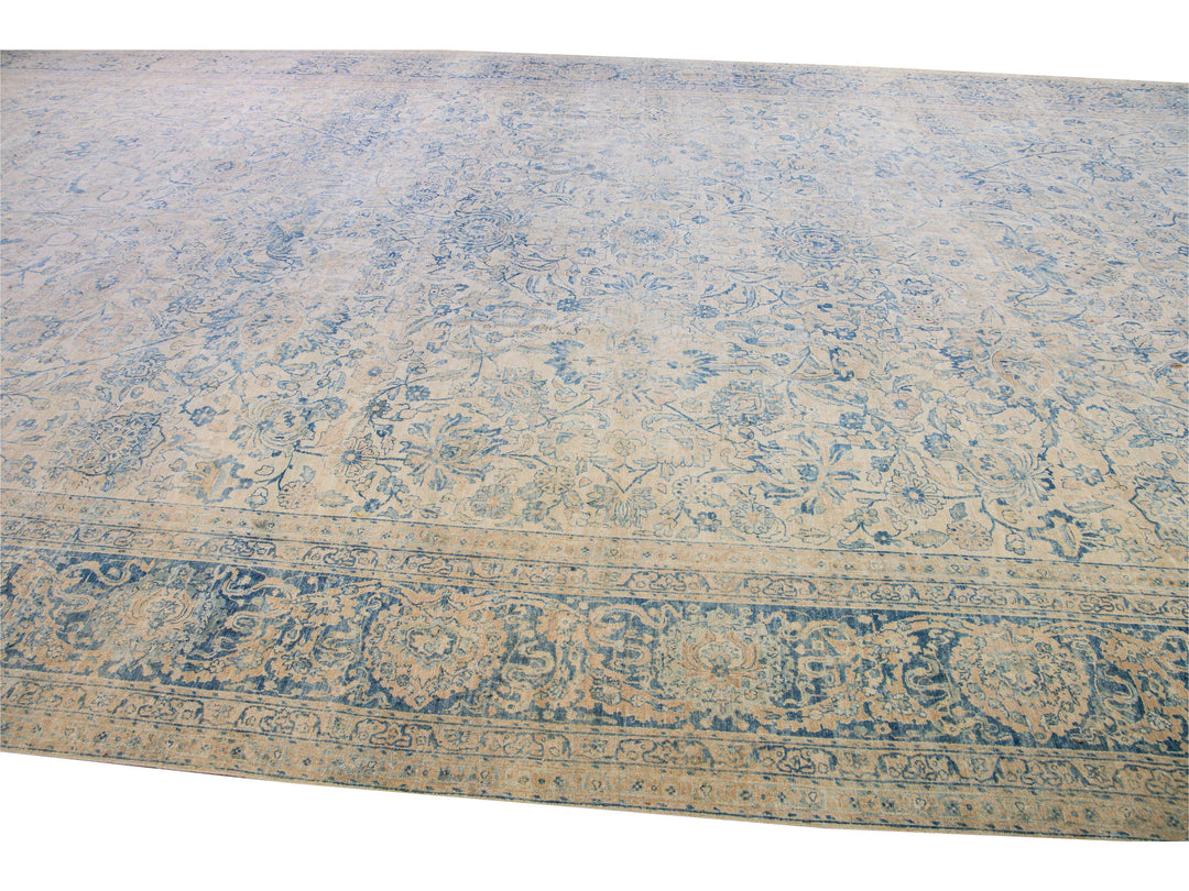 Long Antique Kerman Handmade Botanical Oversize Beige and Blue Wool Rug