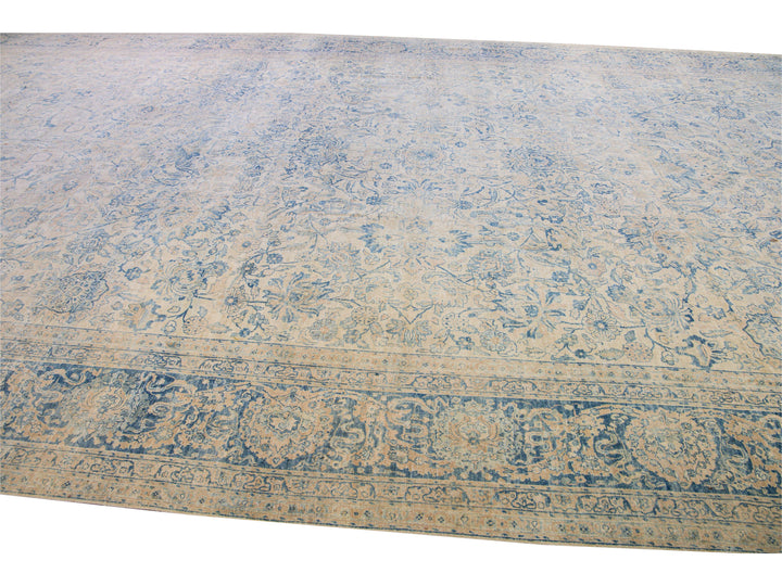 Long Antique Kerman Handmade Botanical Oversize Beige and Blue Wool Rug