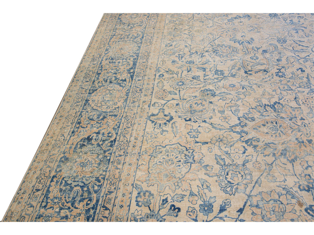 Long Antique Kerman Handmade Botanical Oversize Beige and Blue Wool Rug