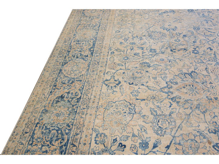 Long Antique Kerman Handmade Botanical Oversize Beige and Blue Wool Rug
