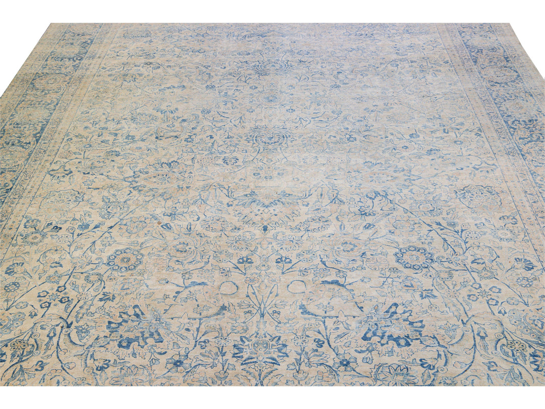 Long Antique Kerman Handmade Botanical Oversize Beige and Blue Wool Rug