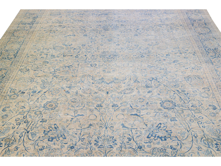 Long Antique Kerman Handmade Botanical Oversize Beige and Blue Wool Rug