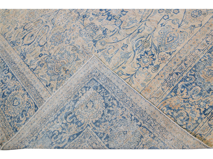 Long Antique Kerman Handmade Botanical Oversize Beige and Blue Wool Rug