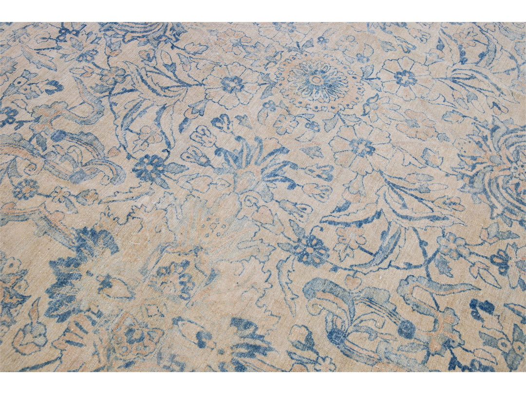 Long Antique Kerman Handmade Botanical Oversize Beige and Blue Wool Rug