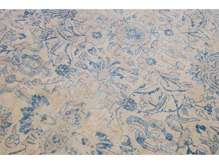 Long Antique Kerman Handmade Botanical Oversize Beige and Blue Wool Rug