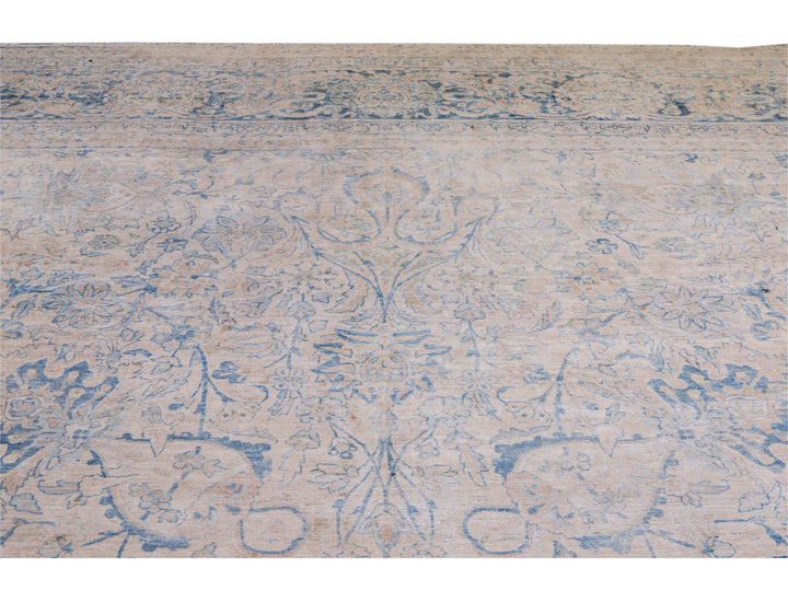 Long Antique Kerman Handmade Botanical Oversize Beige and Blue Wool Rug
