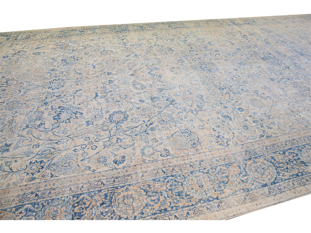 Long Antique Kerman Handmade Botanical Oversize Beige and Blue Wool Rug
