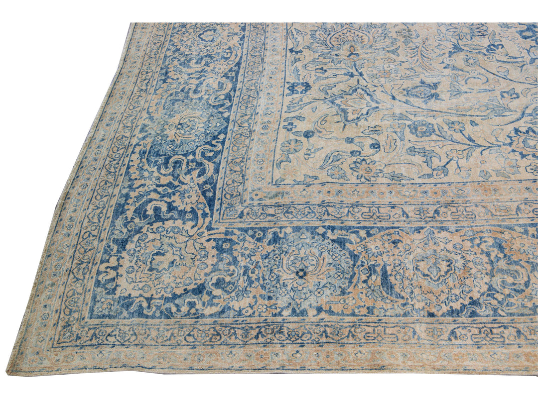 Long Antique Kerman Handmade Botanical Oversize Beige and Blue Wool Rug