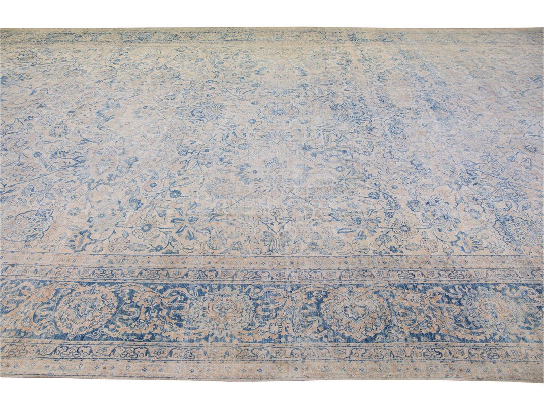 Long Antique Kerman Handmade Botanical Oversize Beige and Blue Wool Rug