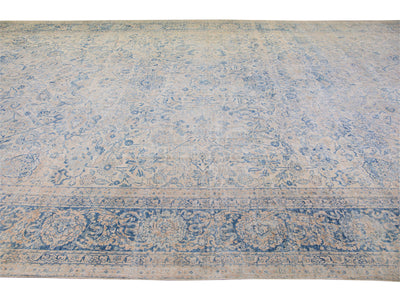 Long Antique Kerman Handmade Botanical Oversize Beige and Blue Wool Rug