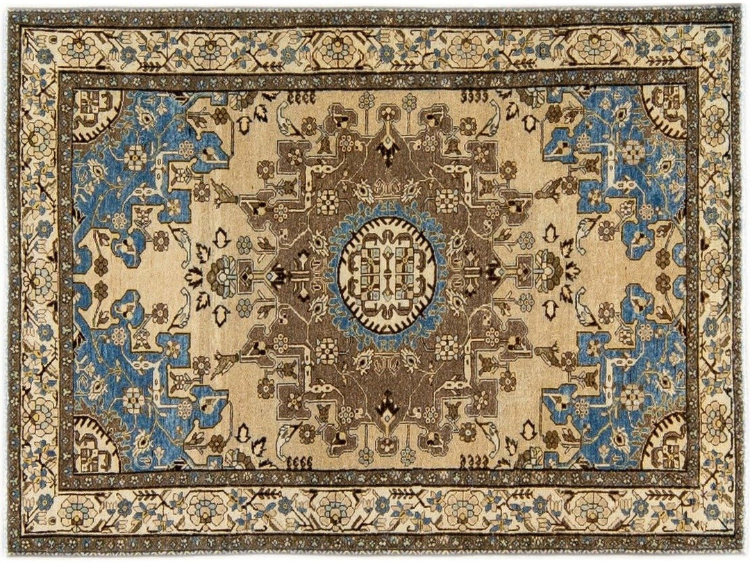 Antique Malayer Handmade Medallion Designed Beige Wool Rug