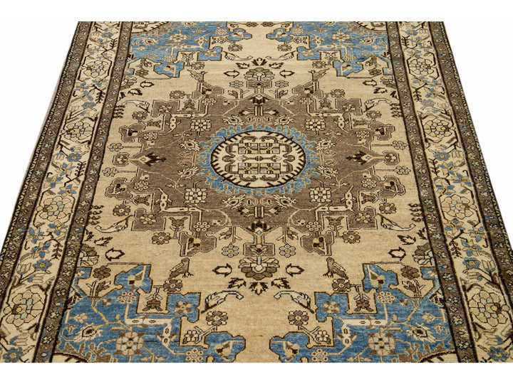 Antique Malayer Handmade Medallion Designed Beige Wool Rug