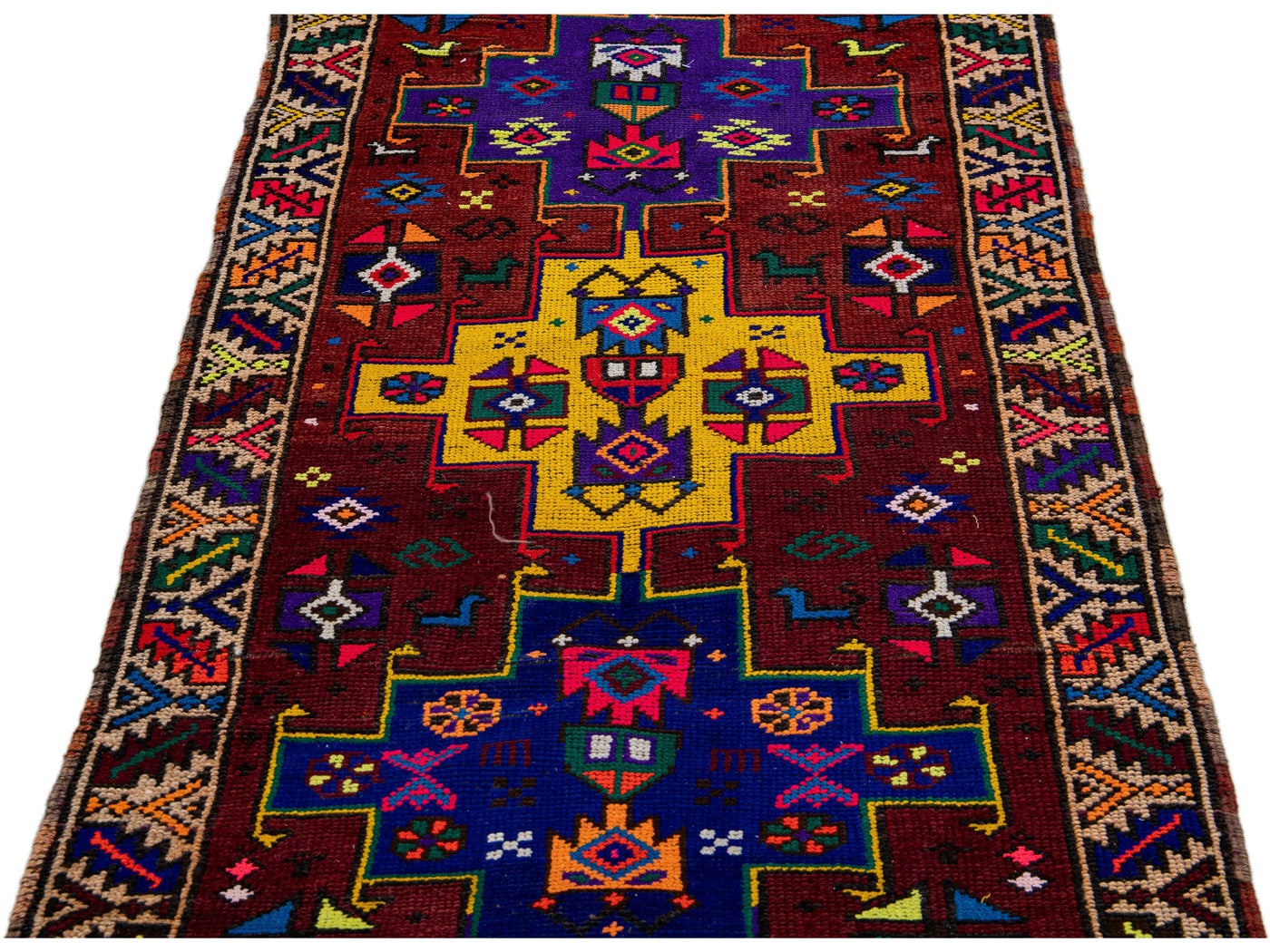 Vintage Turkish Handmade Multicolor Tribal Pattern Burgundy Wool Runner