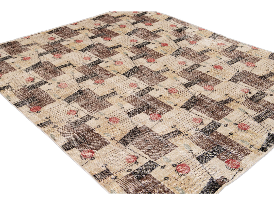 Vintage Turkish Expressionist Wool Rug 7 X 9