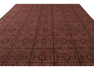 Modern Kilim Handmade Maroon and Brown Geometric Pattern Wool Rug