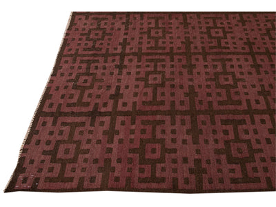 Modern Kilim Handmade Maroon and Brown Geometric Pattern Wool Rug