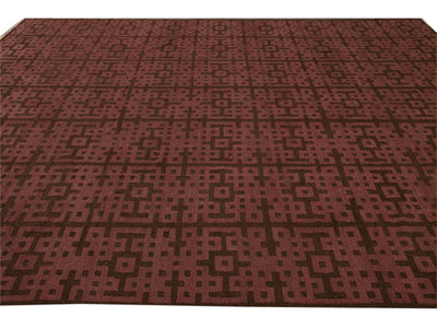 Modern Kilim Handmade Maroon and Brown Geometric Pattern Wool Rug