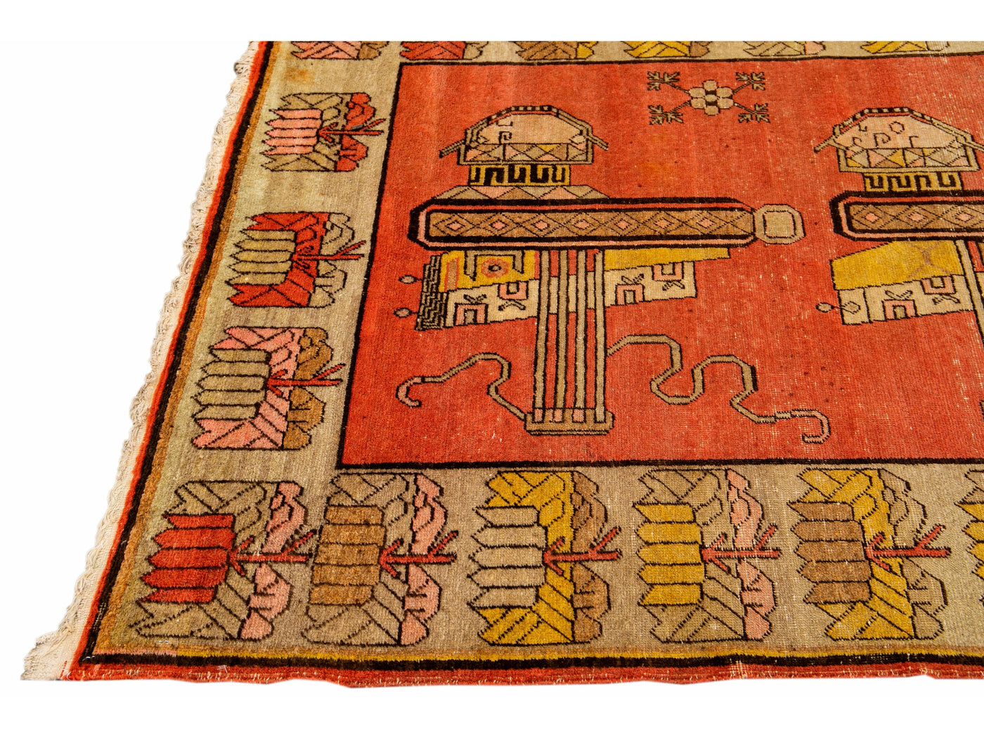 Orange Antique Samarkand Handmade Pictorial Motif Wool Rug