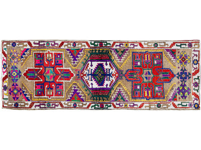 Brown Vintage Turkish Handmade Multicolor Tribal Pattern Wool Runner
