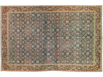 Antique Tabriz Handmade Multicolor Botanical Designed Oversize Gray Wool Rug