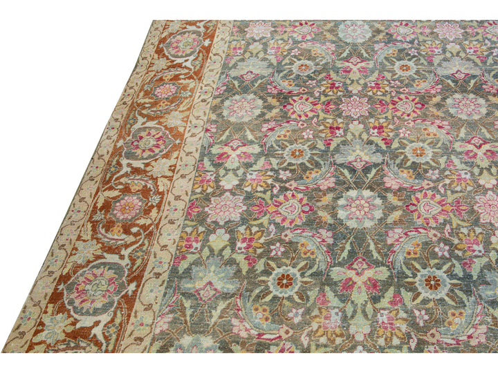 Antique Tabriz Handmade Multicolor Botanical Designed Oversize Gray Wool Rug