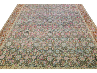 Antique Tabriz Handmade Multicolor Botanical Designed Oversize Gray Wool Rug