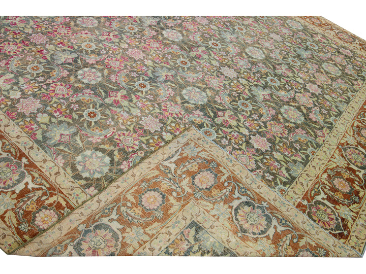 Antique Tabriz Handmade Multicolor Botanical Designed Oversize Gray Wool Rug