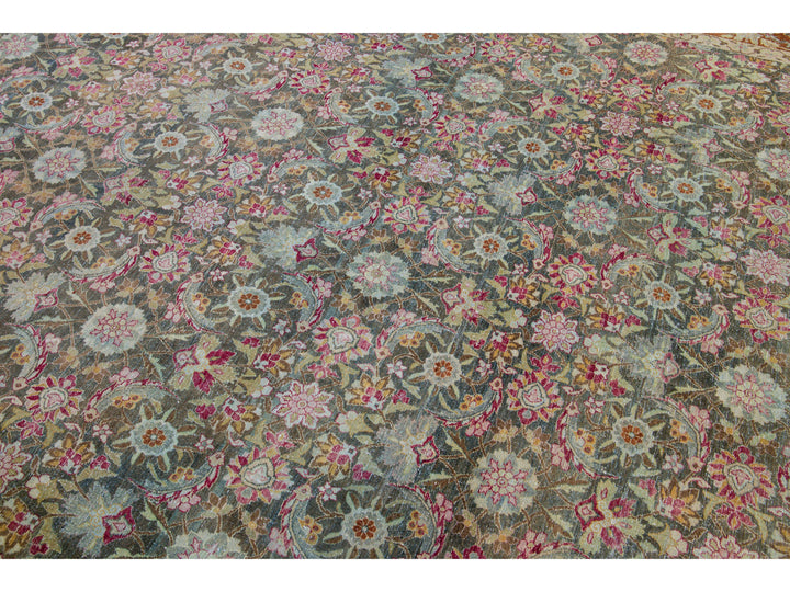 Antique Tabriz Handmade Multicolor Botanical Designed Oversize Gray Wool Rug