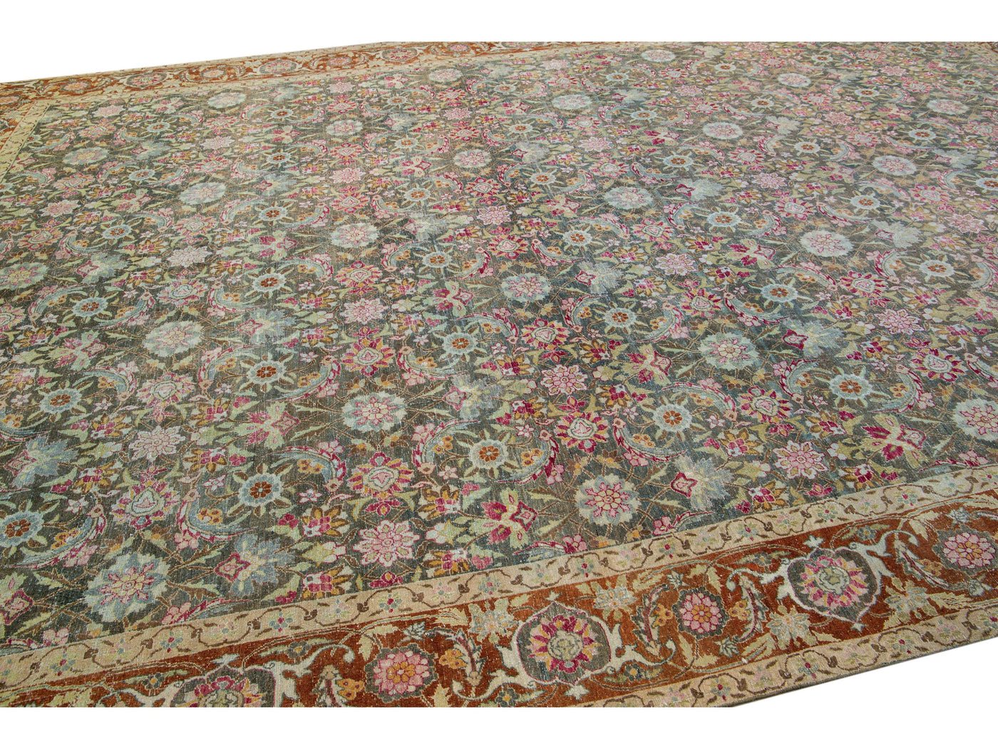 Antique Tabriz Handmade Multicolor Botanical Designed Oversize Gray Wool Rug