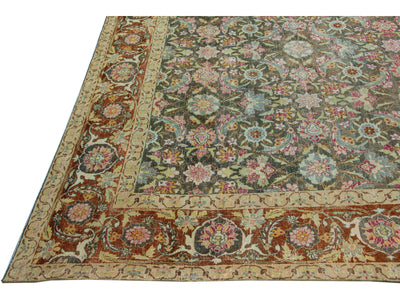 Antique Tabriz Handmade Multicolor Botanical Designed Oversize Gray Wool Rug