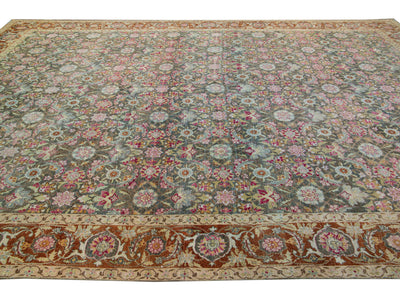 Antique Tabriz Handmade Multicolor Botanical Designed Oversize Gray Wool Rug.