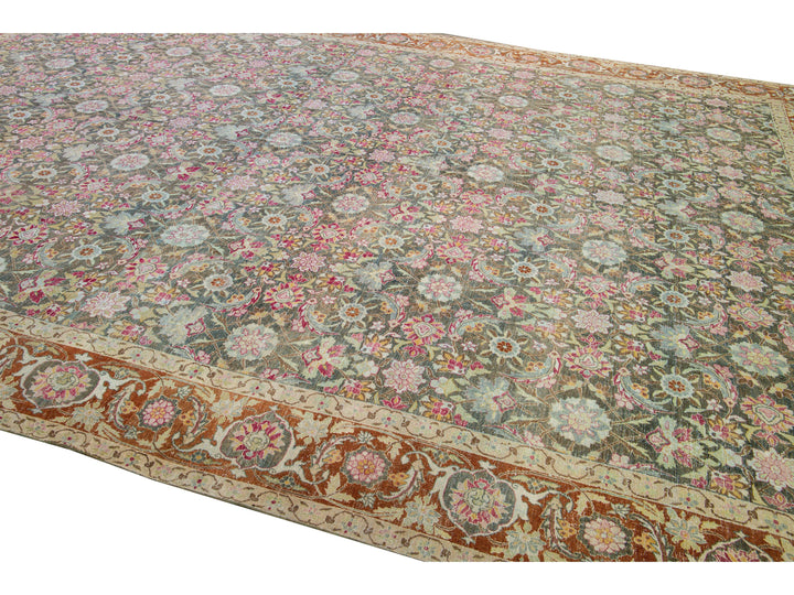 Antique Tabriz Handmade Multicolor Botanical Designed Oversize Gray Wool Rug