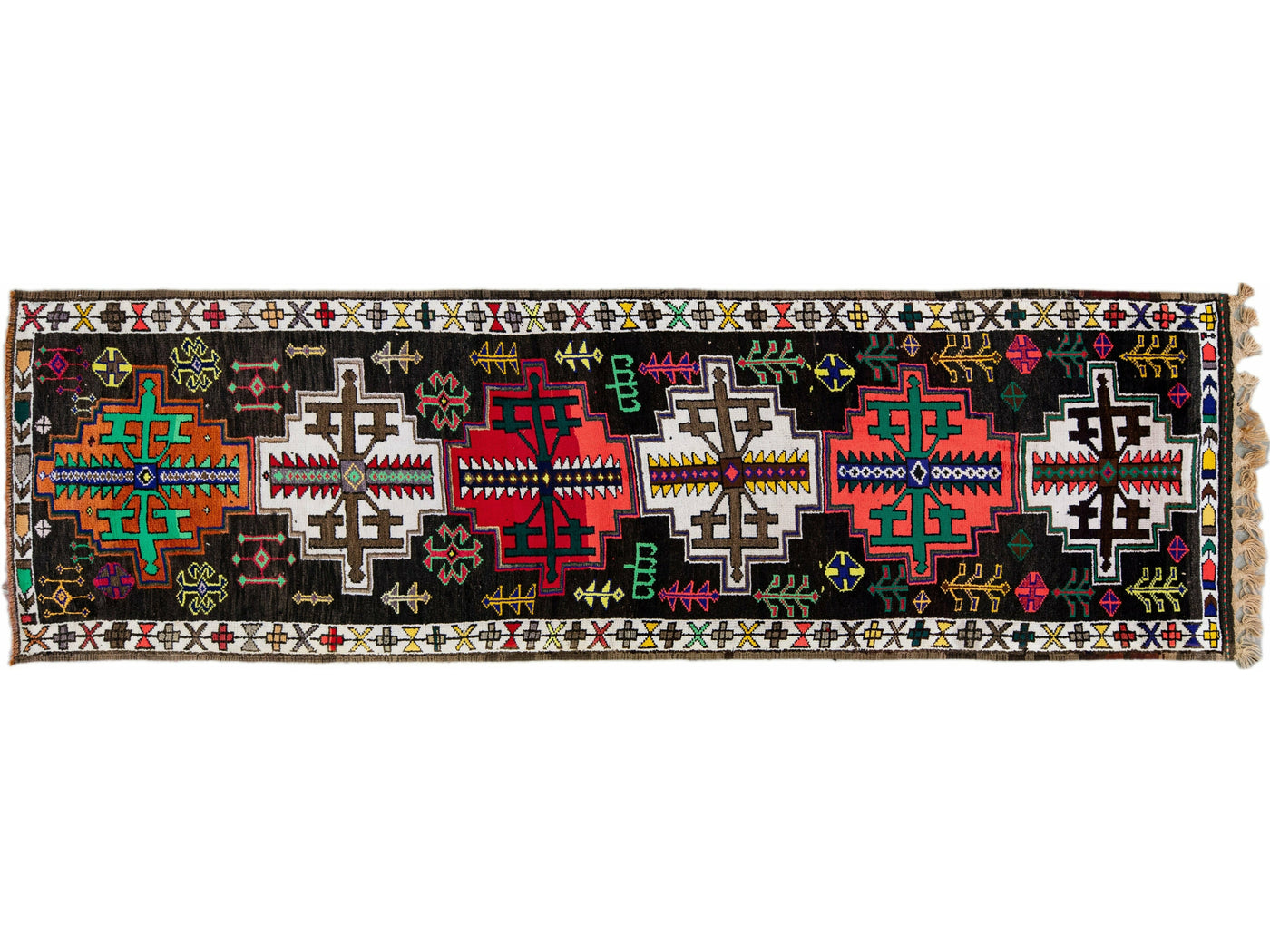 Vintage Brown Turkish Handmade Multicolor Tribal Pattern Wool Runner