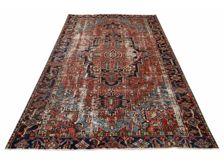 Red Antique Persian Heriz Handmade Wool Rug With Medallion Design