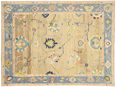 Modern Tan Oushak Handmade Multicolor Floral Motif Wool Rug