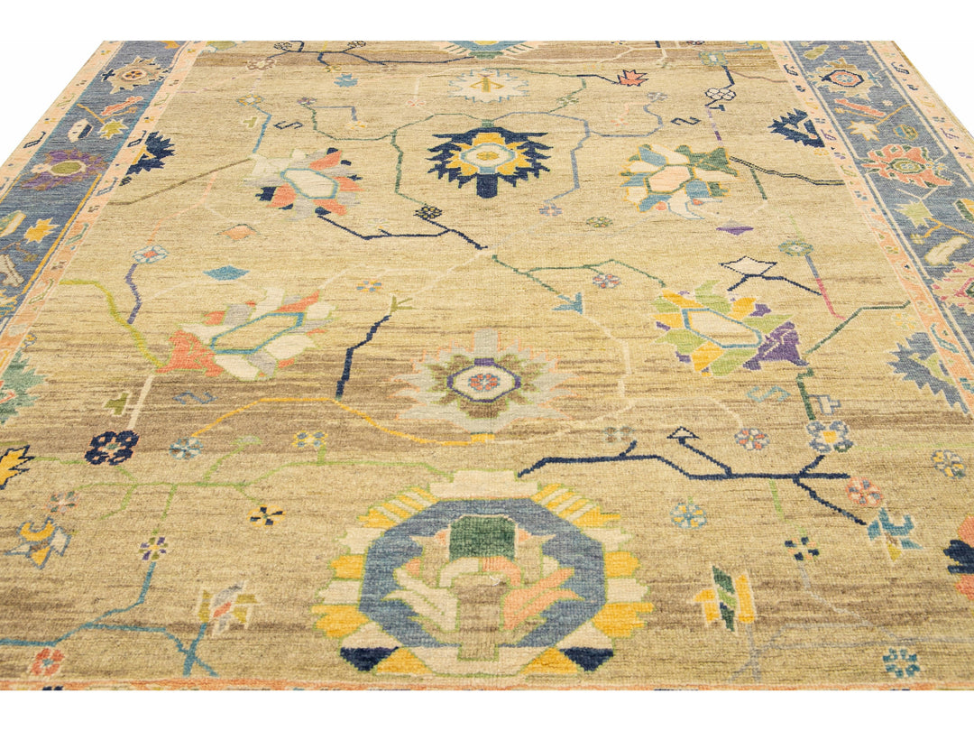 Modern Tan Oushak Handmade Multicolor Floral Motif Wool Rug