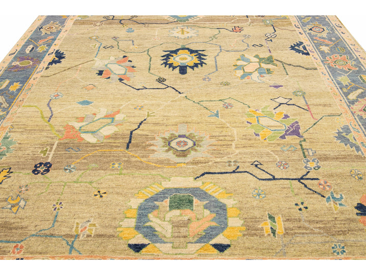 Modern Tan Oushak Handmade Multicolor Floral Motif Wool Rug