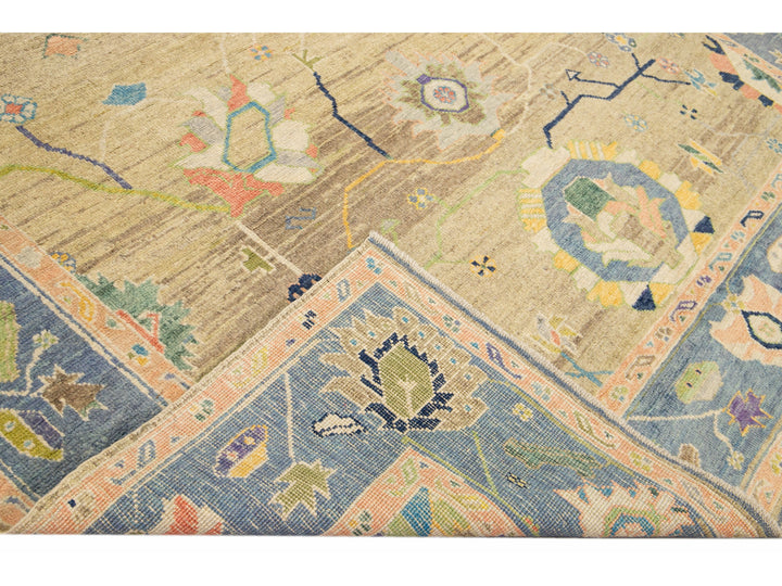 Modern Tan Oushak Handmade Multicolor Floral Motif Wool Rug