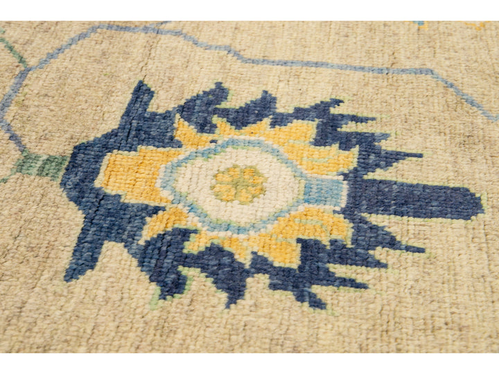 Modern Tan Oushak Handmade Multicolor Floral Motif Wool Rug