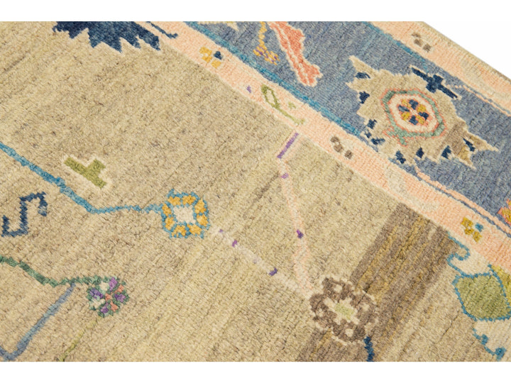 Modern Tan Oushak Handmade Multicolor Floral Motif Wool Rug