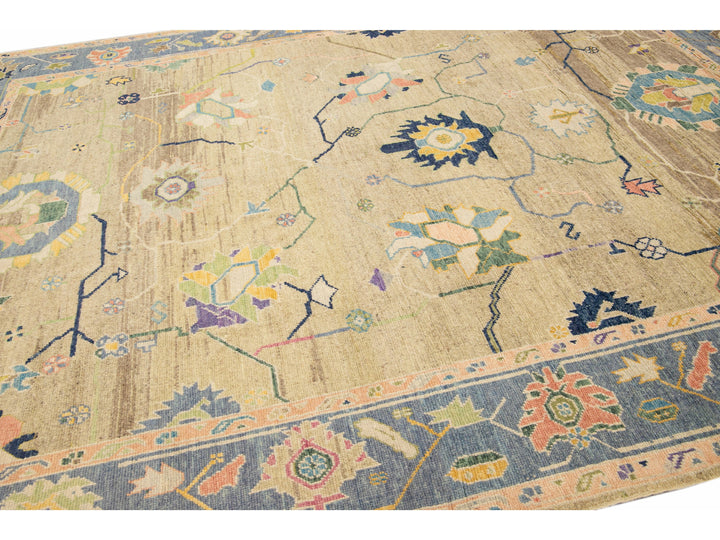 Modern Tan Oushak Handmade Multicolor Floral Motif Wool Rug
