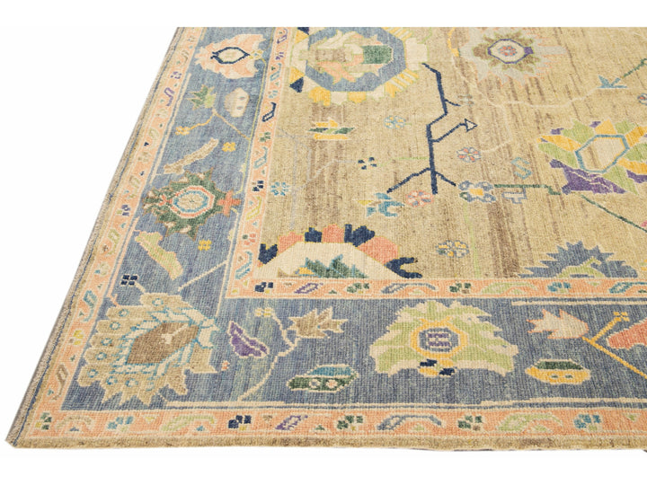 Modern Tan Oushak Handmade Multicolor Floral Motif Wool Rug