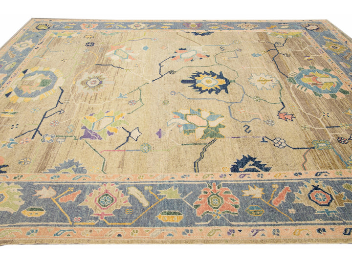 Modern Tan Oushak Handmade Multicolor Floral Motif Wool Rug