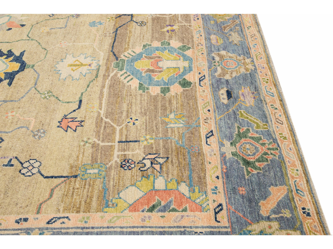 Modern Tan Oushak Handmade Multicolor Floral Motif Wool Rug
