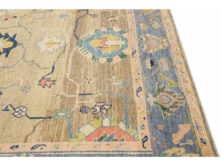 Modern Tan Oushak Handmade Multicolor Floral Motif Wool Rug