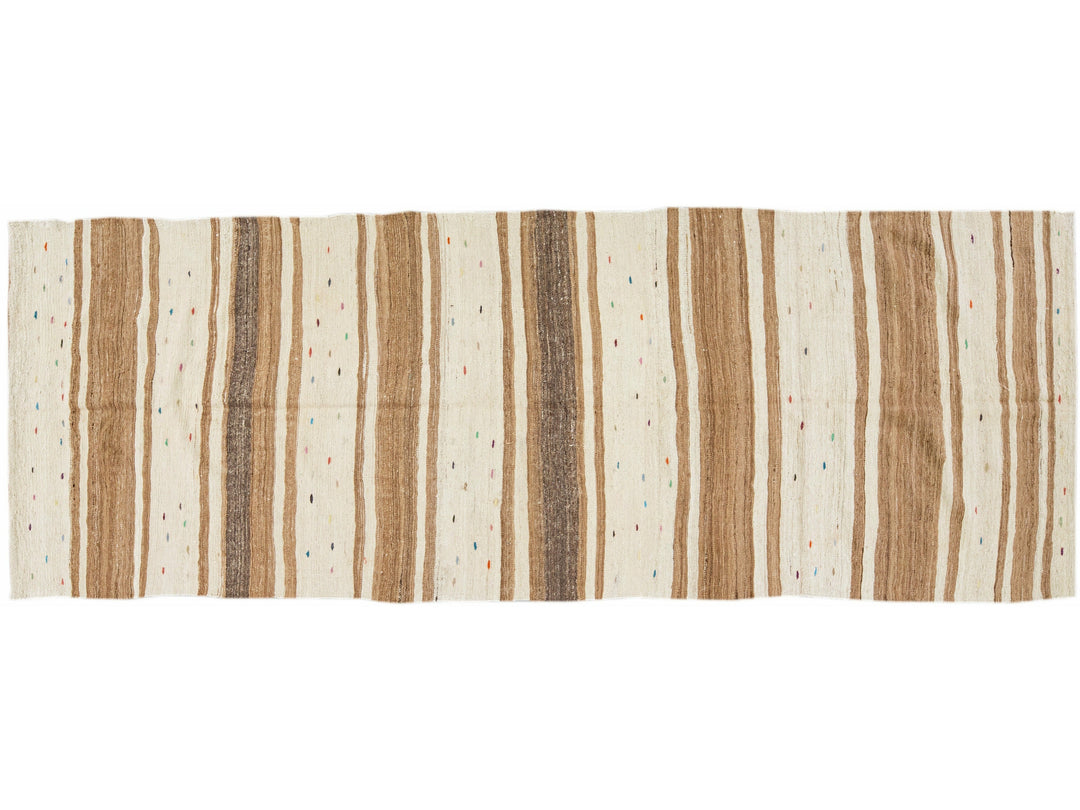 Beige Vintage Kilim Handmade Flatweave Striped Motif Wool Runner