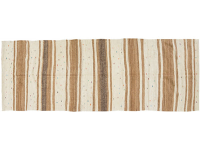 Beige Vintage Kilim Handmade Flatweave Striped Motif Wool Runner